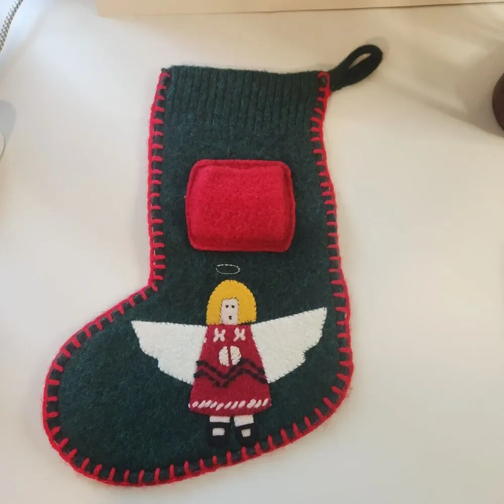 VintageWoolies Felt Christmas Stocking Angel Applique Handmade Primative County